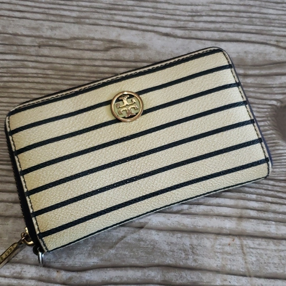 Tory Burch Robinson cream and navy blue striped with zip wallet
